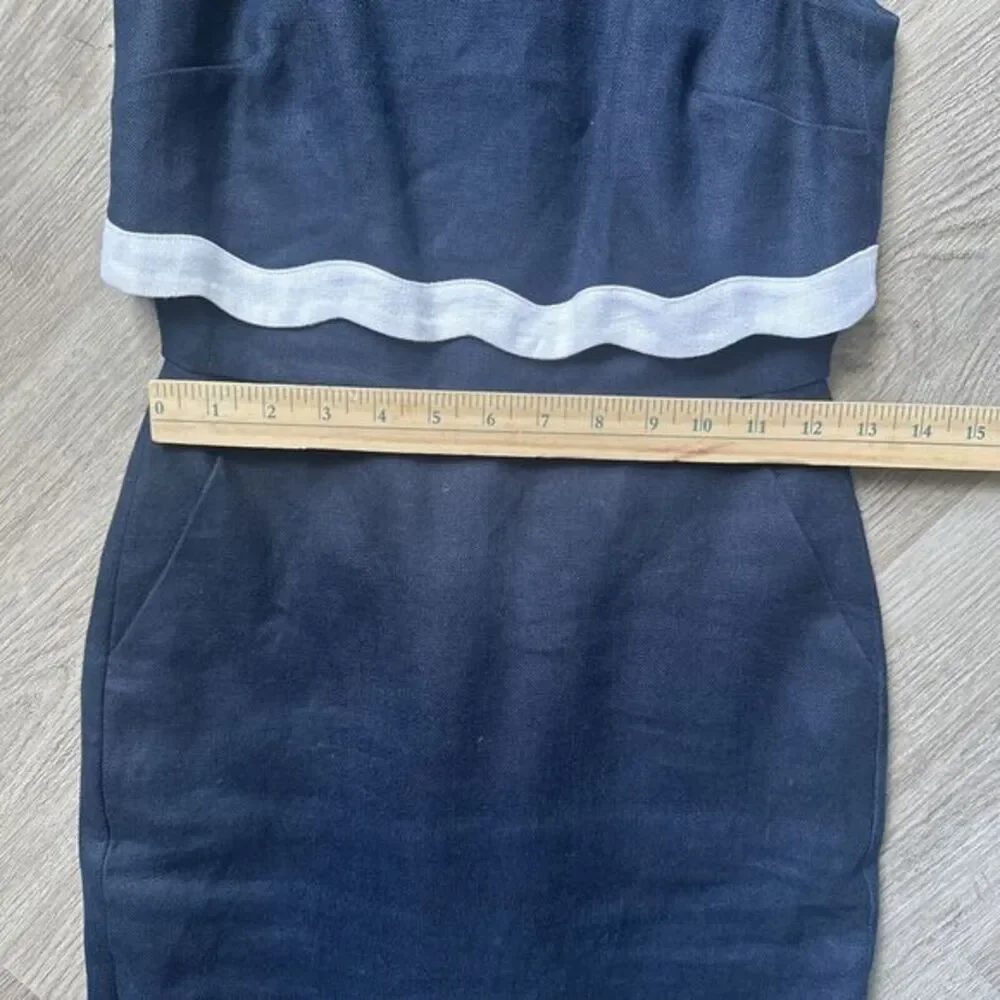 J CREW Going Places Linen Dress Size  00P tall Sleeveless Navy White Scallop Hem